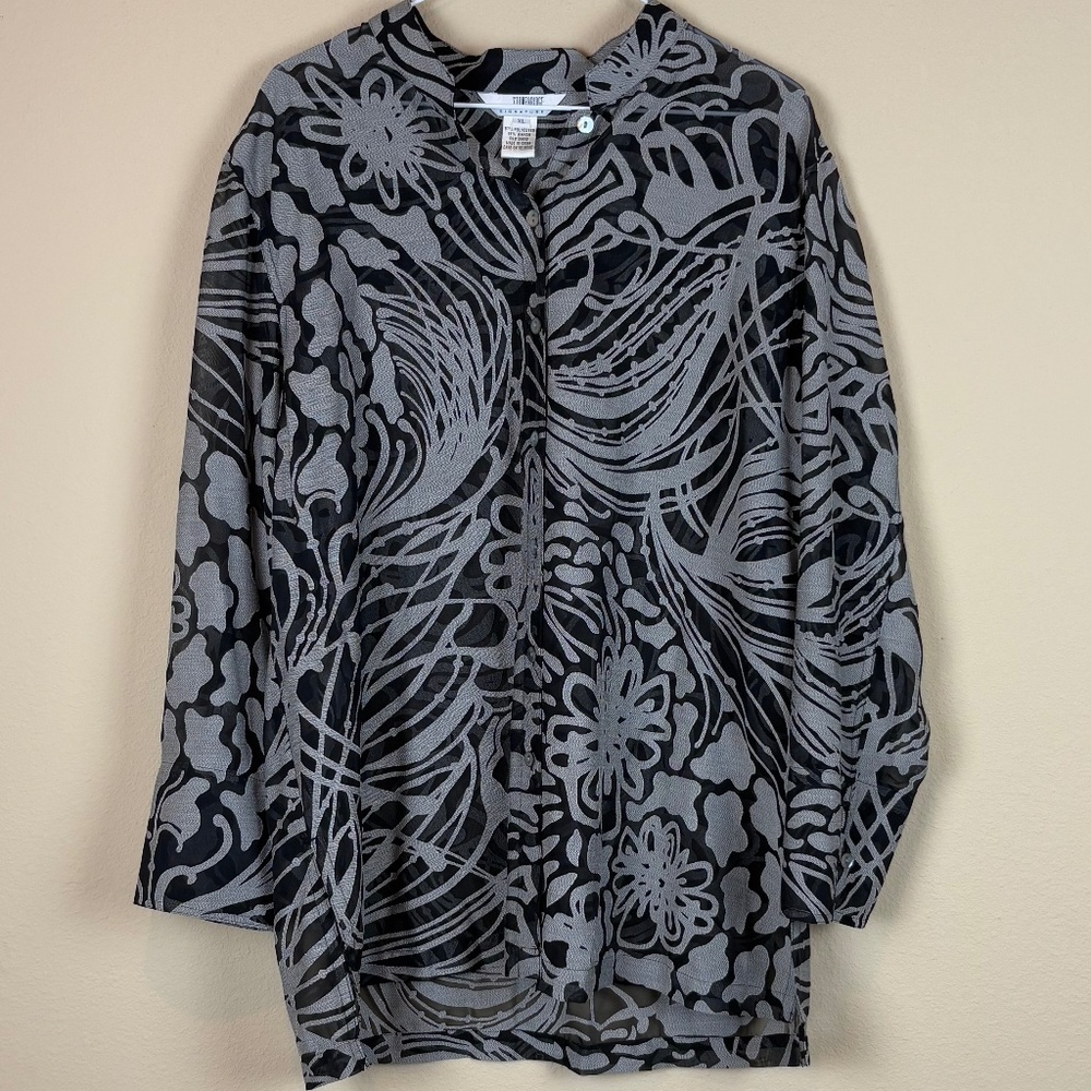 Stonebridge Signature Gray/Black Floral Vintage Semi Sheer Long Sleeve Blouse
